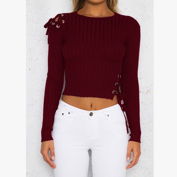 Just LikeFriday Tops - 😘😘Sexy Wine Long Sleeve Lace Up Top